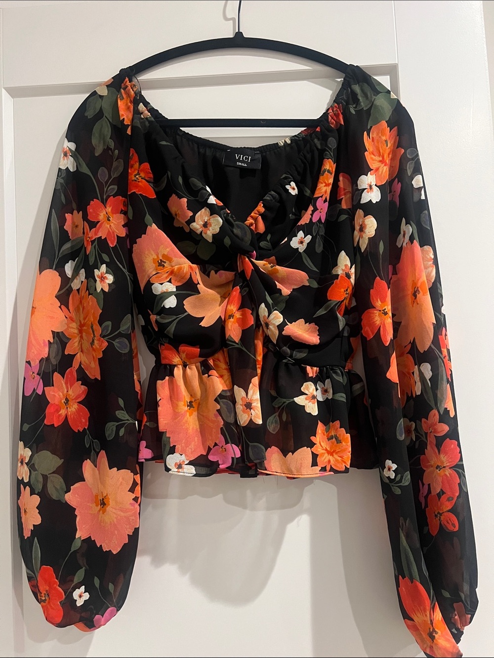 VICI Black Sheer Blouse with Orange and Pink Floral Print